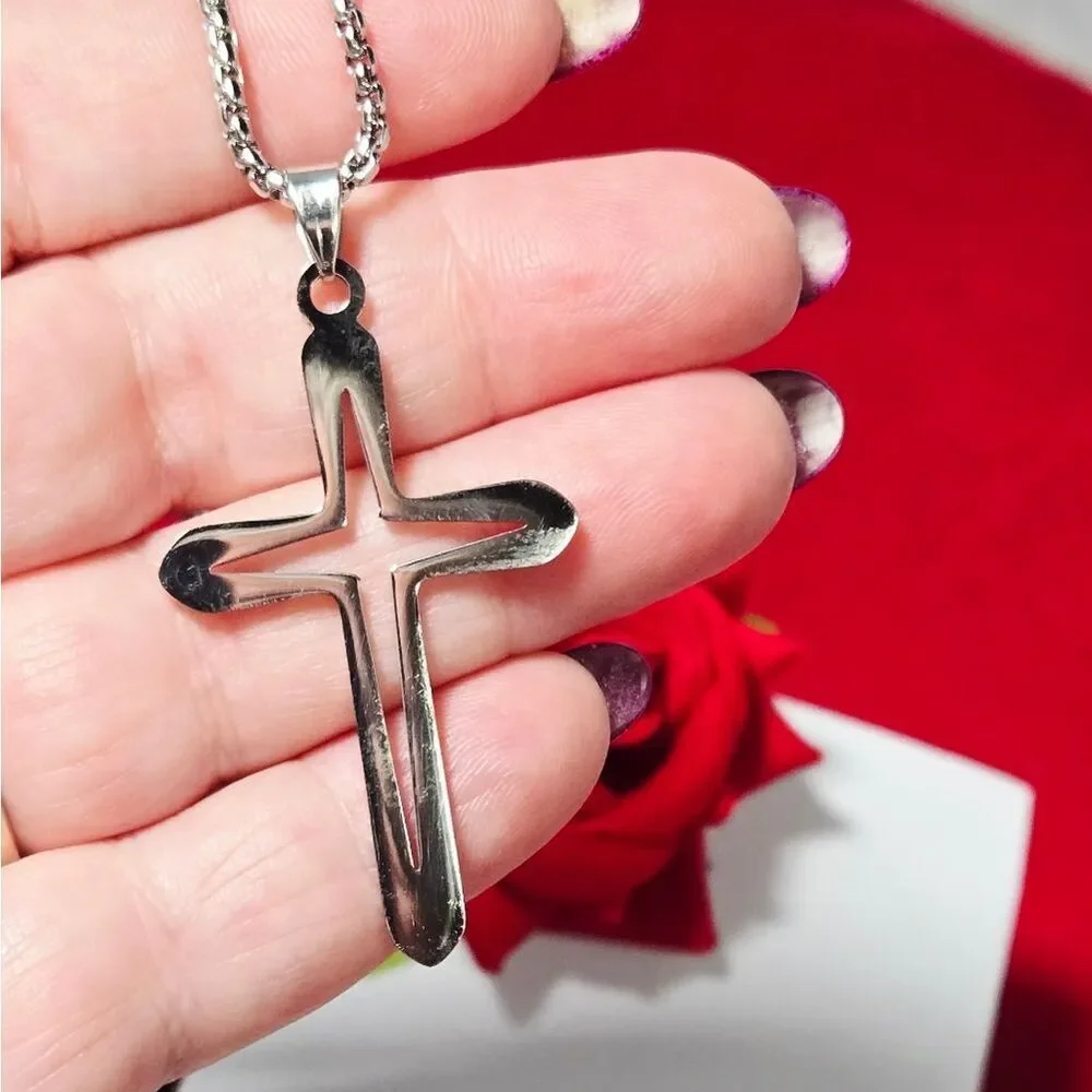 Silver Hollow Cross Pendant Necklace Stainless Steel Unisex Box Chain Jewelry